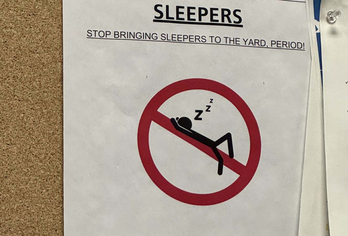 A printed notice to operators pinned to the board which I cropped to not display anyone’s names or dates. All text on the page is capitalized and underlined. A pictogram of a red circle with a red slash (the “forbidden”symbol) has a figure reclining on the red slash and Z z z’s trailing from the mouthAbove:SLEEPERSSTOP BRINGING SLEEPERS TO THE YARD, PERIOD!I love signs like this and type like this. PERIOD!If you haven’t nodded off on a Muni give it a try, it’s a delight, I did on the 12 line heading home from a Giants game only a few days ago! “Wow right before my stop” I thought as I noticed I’d napped a bit.