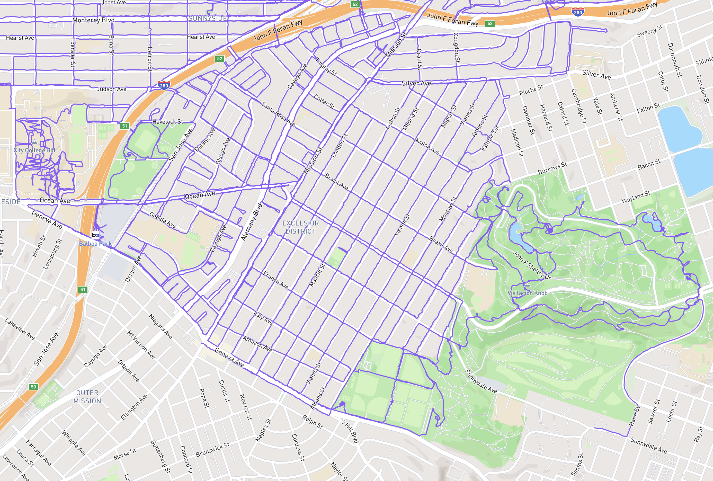 A map of San Francisco. Balboa Park BART along the center-left, McLaren Park in the bottom right quadrant, 280 running along the top, and the entirety of Excelsior’s streets (and not many alleys) marked with a purple trail.