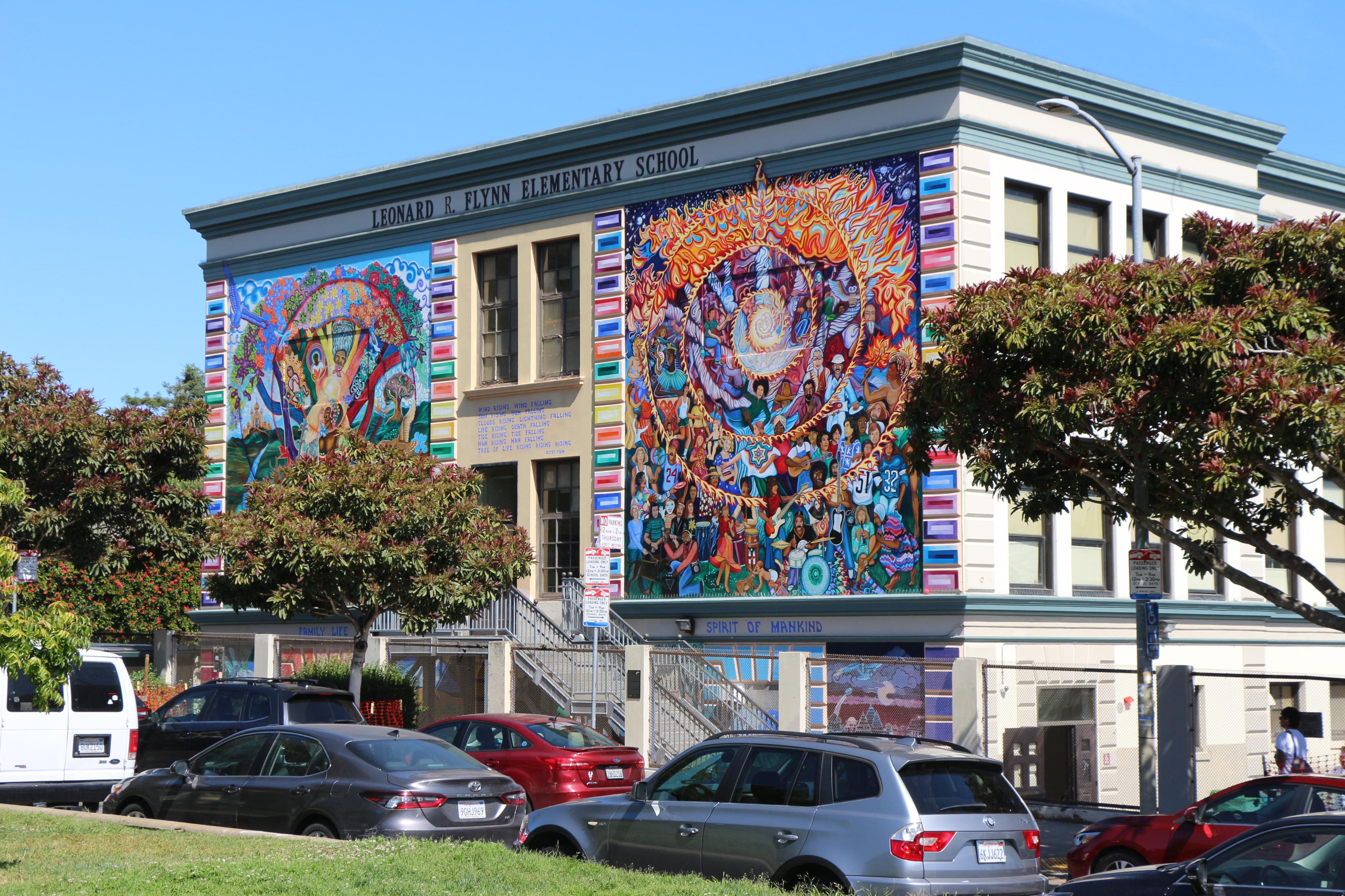 photo of Leonard Flynn Elementary School’s south wall which has two large two story 20’ x 20’ murals on it 