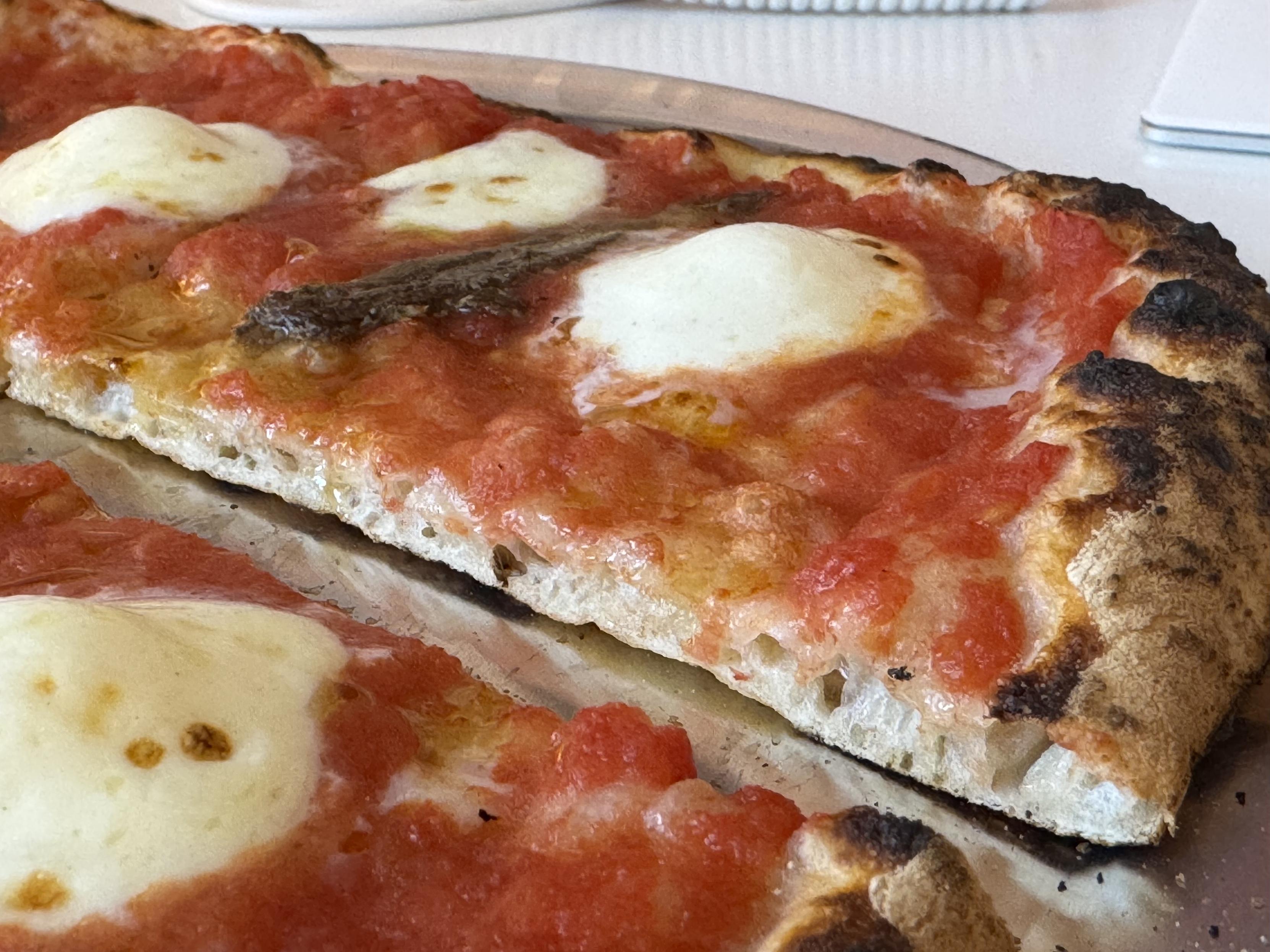 close up of a slice of pizza, the crust is consistently one mm of bubbles thick