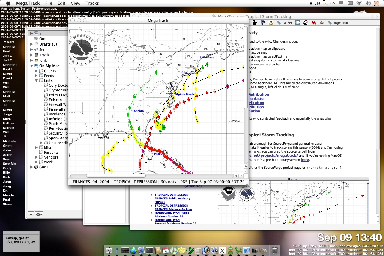 a mac osx screenshot using hte “milk” theme probably, 2004-09-09, featuring a postit about catching up on my billing, adium, omniweb, geekterm, mail.app, showing someone what I was seeing for some sort of storm tracking?