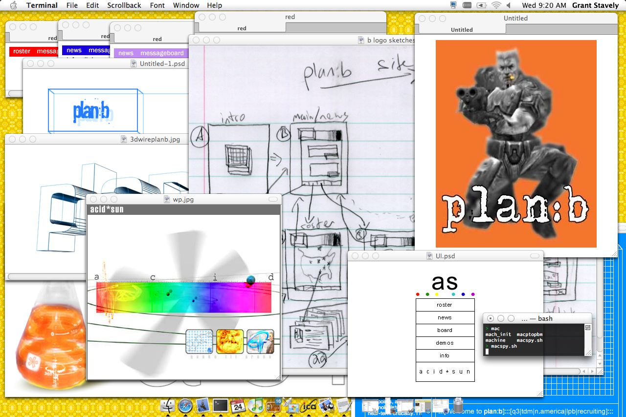 a 2004? shot of mac osx with a bunch of different variants of art I’d made for the quake 3 clan I used to be in, called “acid*sun” later called “plan b”.
