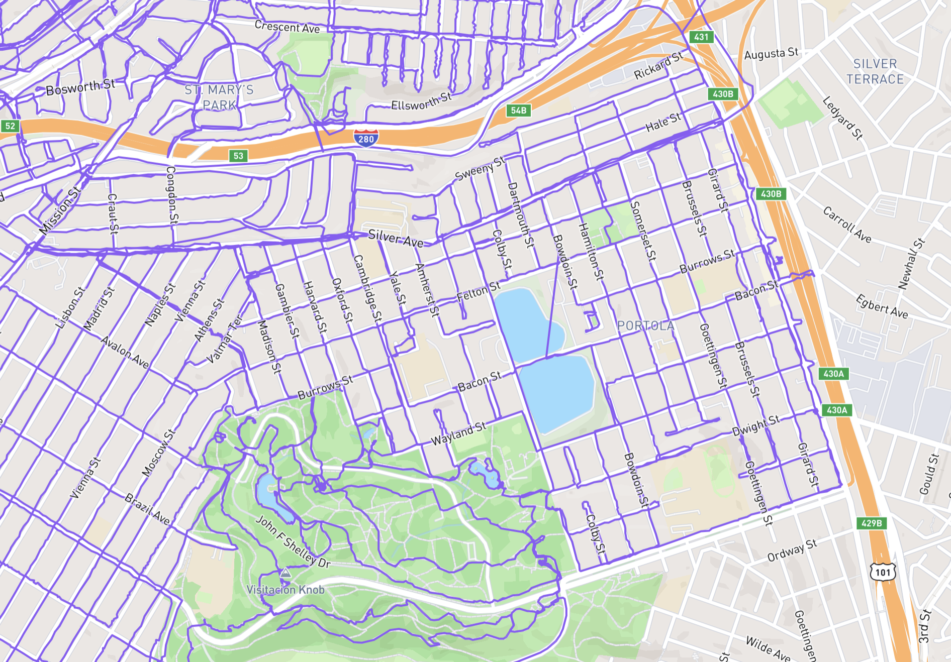 A San Francisco street map centering the area bound by 280, 101, Mansell St, the Excelsior. with a purple GPS path of walks Iβve logged on it, generally completing every street in the Portola neighborhood.