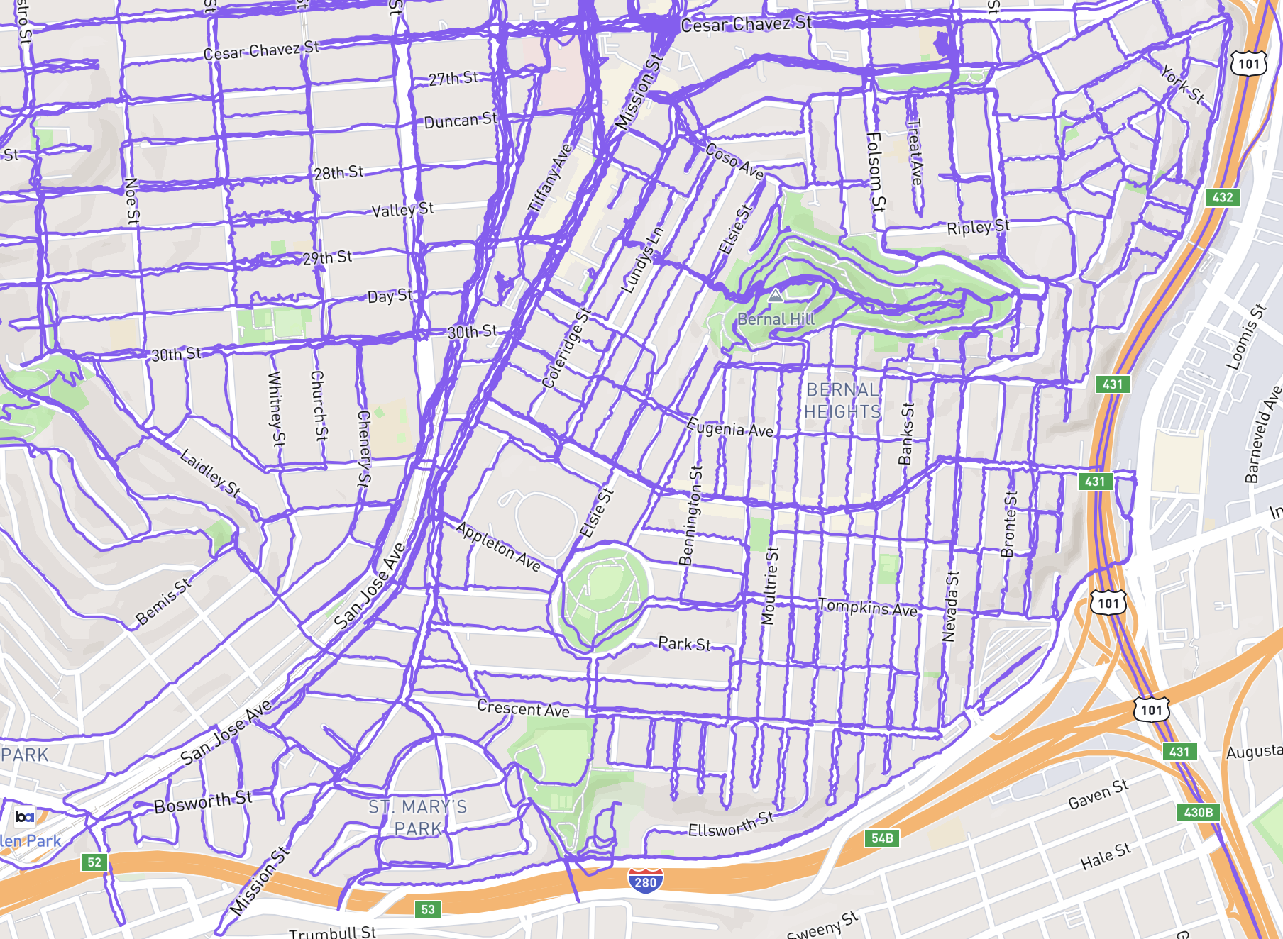 A San Francisco street map centering the area bound by Ceasar Chavez, 101, Alemany, and 280, on which every street has a meandering purple GPS path I’ve logged on it.