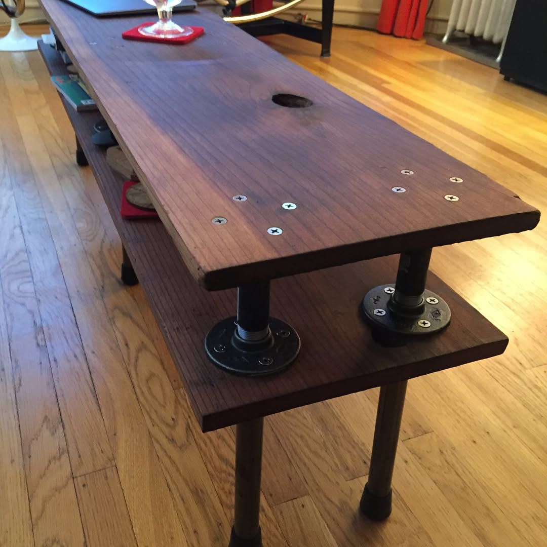 made a new table outta some recycled boards and a lotta spendy plumbing bits. my spec, design & engineering by Alec, labor by both of us
