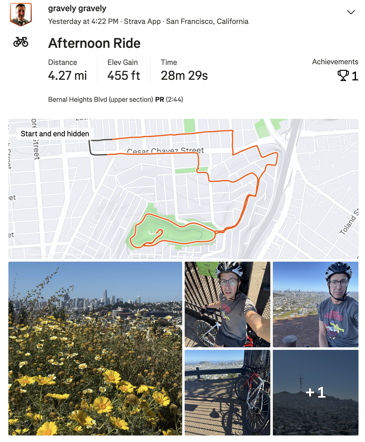 screenshot of a strata post of an afternoon ride up about 2 miles and back, just over 455 ft of climbing in about 30 minutes taking a zig-zag route up the north-east corner of bernal heights kind of following the same ridges that cesar chavez (dolores huerta?) ave and 101 follow in order to avoid going straight up Folsom or any of the piles of other routes.