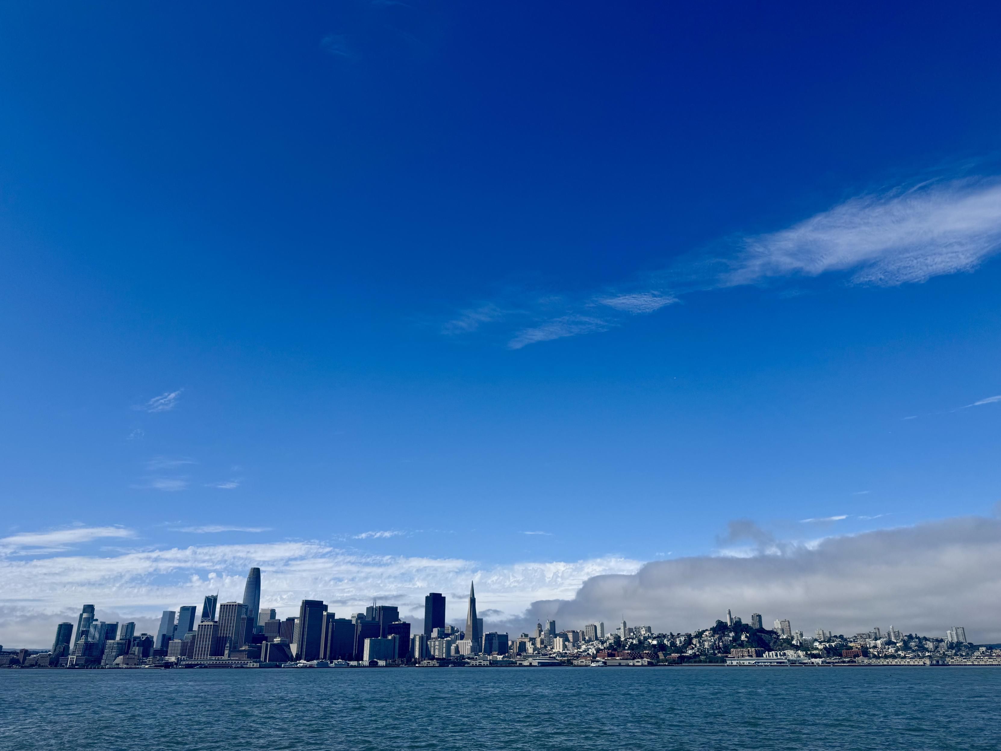 San Francisco’s skyline from the vantage point of a ferry boat half a mile from the coast. To the left, the residential towers of Rincon Hill, followed by Salesforce Tower, the Ferry Building we’d just left behind, centering on the transamerica pyramid, all backed by blue skies and high white clouds. The right half of the skyline is much more residential and lower, centering on the now modest Coit Tower, all backed by a low, gray fog bank enveloping the Outer Richmond.From the vantage point of Angel Island, all that was visible was the fog bank.