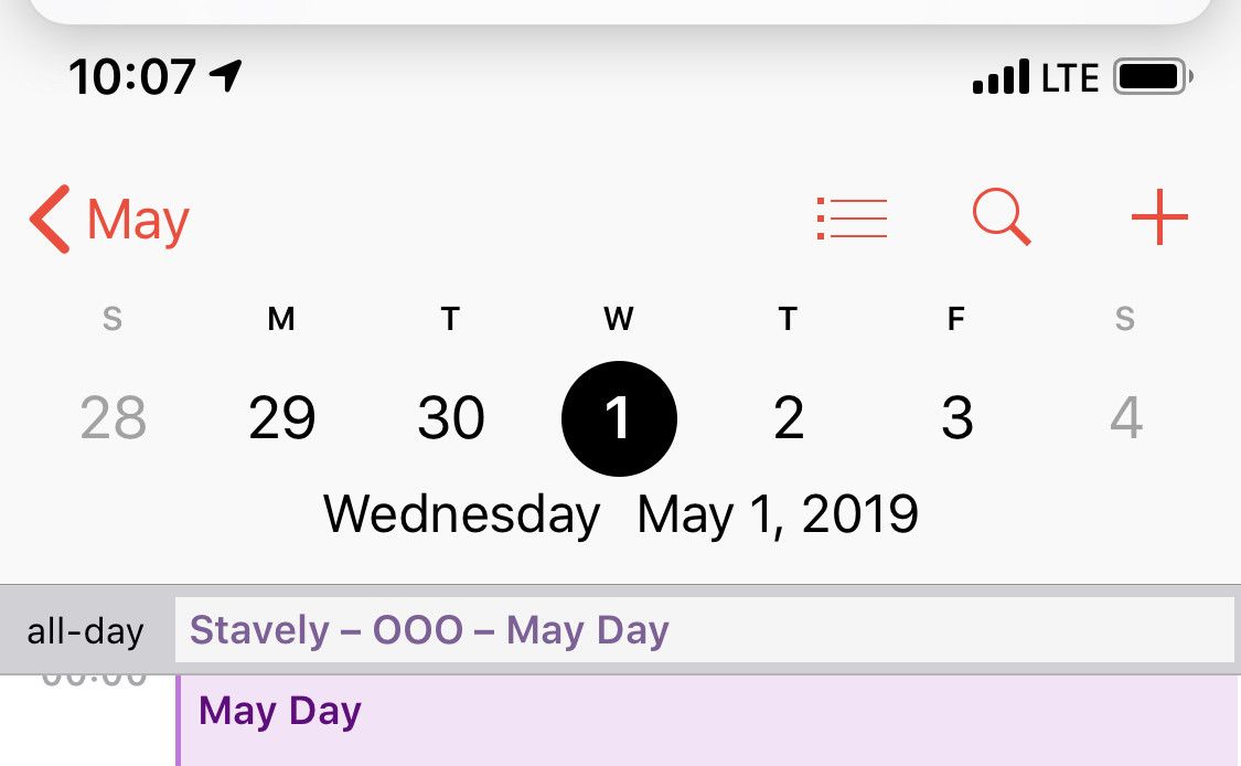 Calendar app on my iPhone displaying my OOO team calendar and personal calendar for May Day