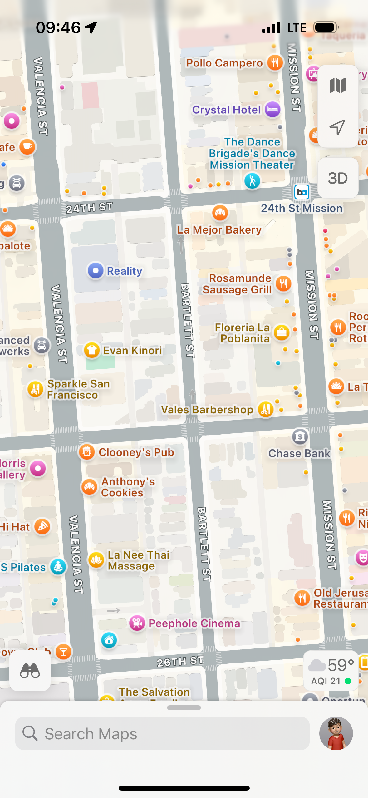 an apple maps screen shot in my phone of the two blocks of barlett i walk to get to the 24th street BART stopBARTlett streetnominative determinism strikes again, etci'm very confident i discovered this, sike