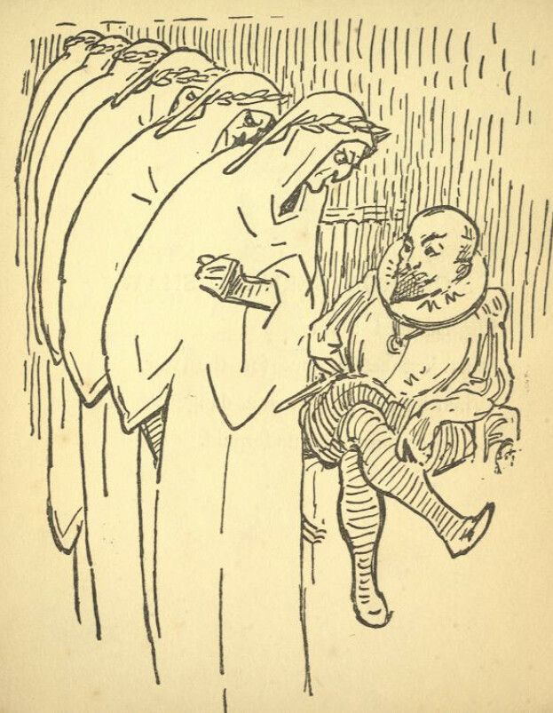 opposing page, with illustration that looks like a woodcut print or pen drawing of a stack of dantes glaring at a smug cervantes