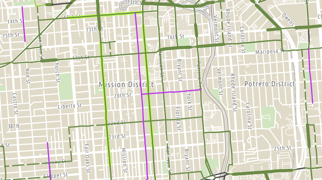 screenshot of the linked bike map from the castro to potrero