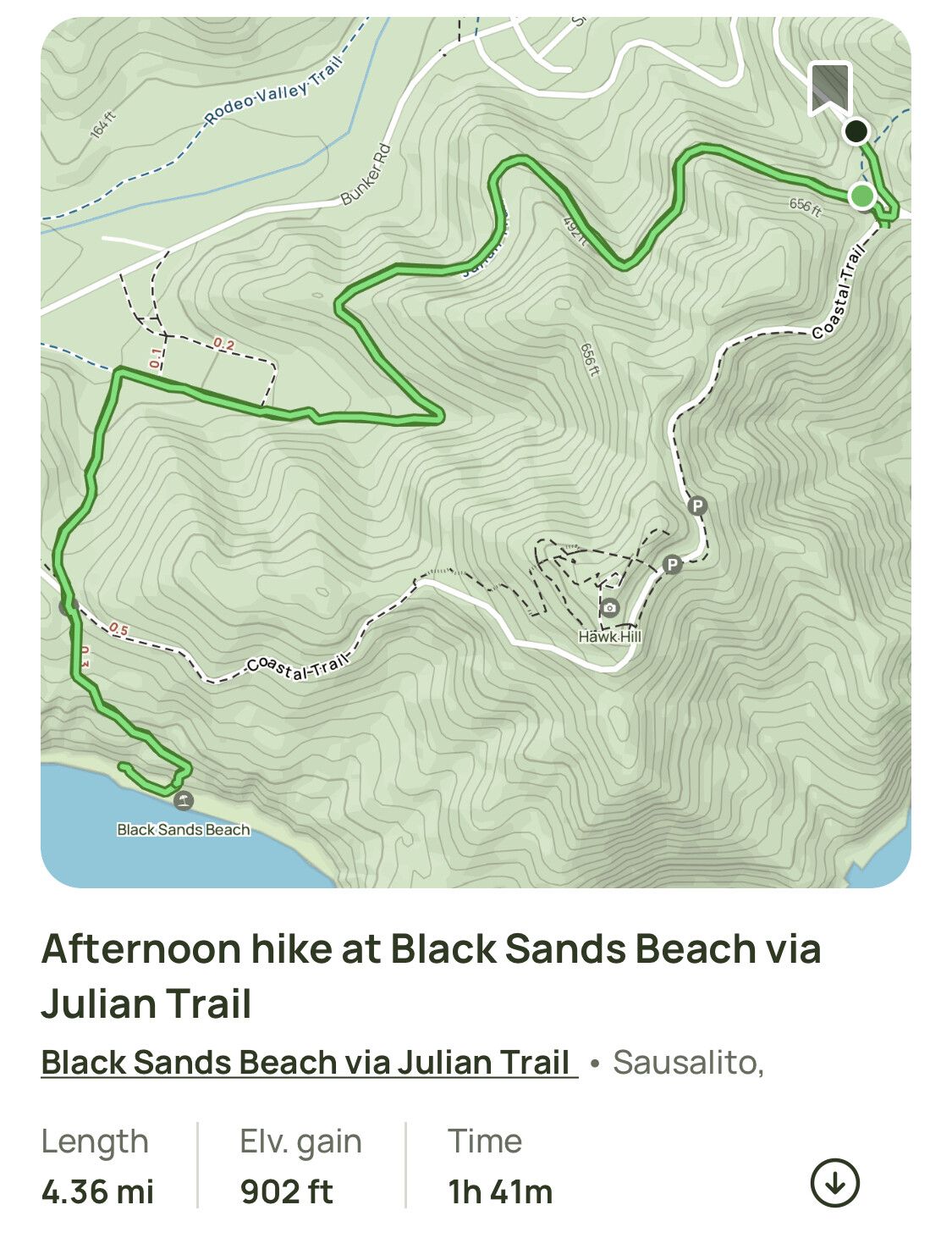 all trails.app hike summary, a square topo map detailing a zig-zagging westerly hike along a ridge and then descending steeply to the beach4.36 miles, 902 ft elevation gained, 1 hour 41 minutes to complete