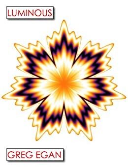 the cover of Egan’s self-published edition from 2022, as I read it, a mostly white cover with a star burst illustration in the center in tints and shades of orange, title in author’s name in all-caps san serif red