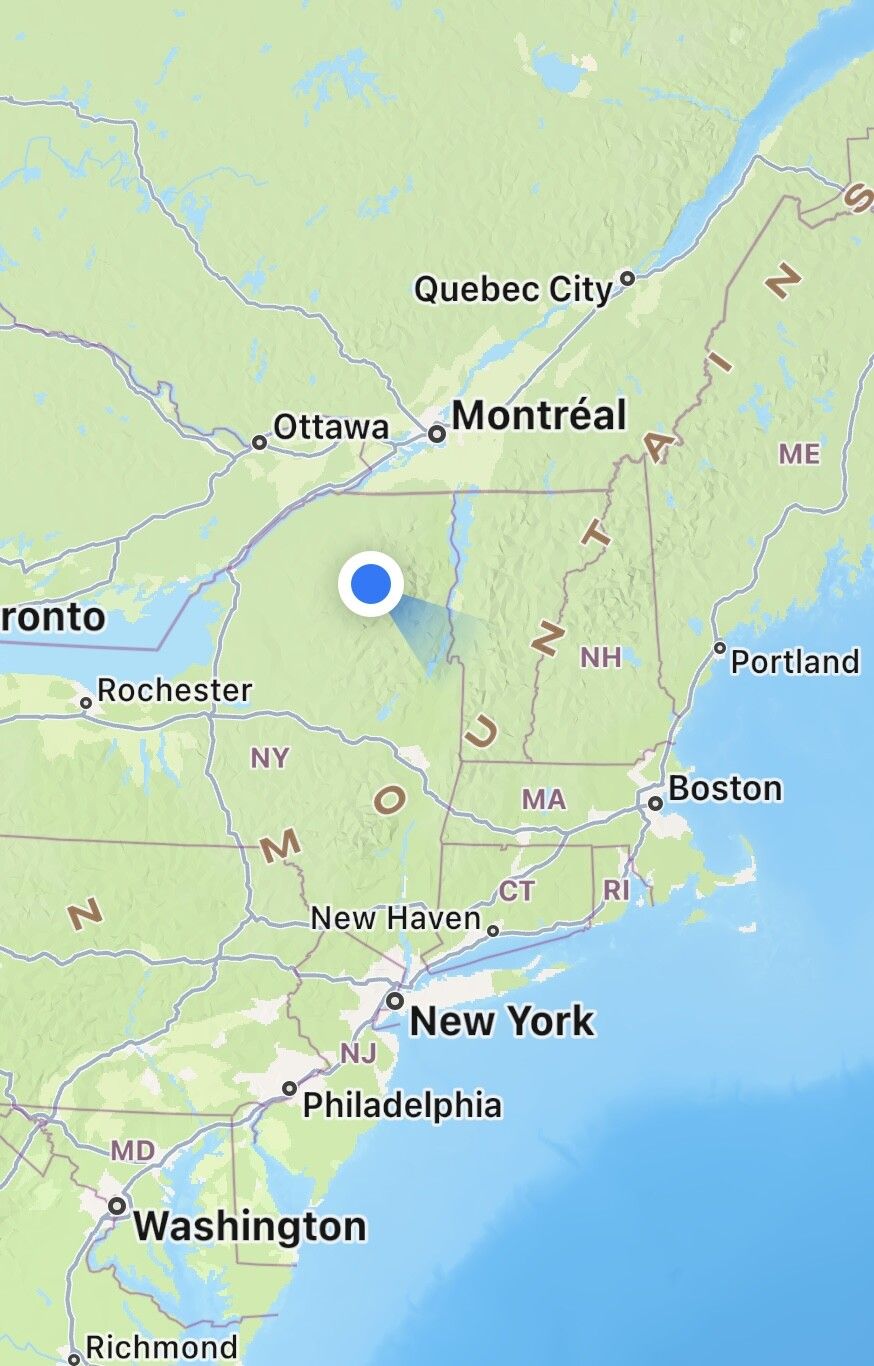 a map of the north east coast of north america including washington dc, new york, boston, toronto, and montreal, a blue dot near the center indicating about where we stayed