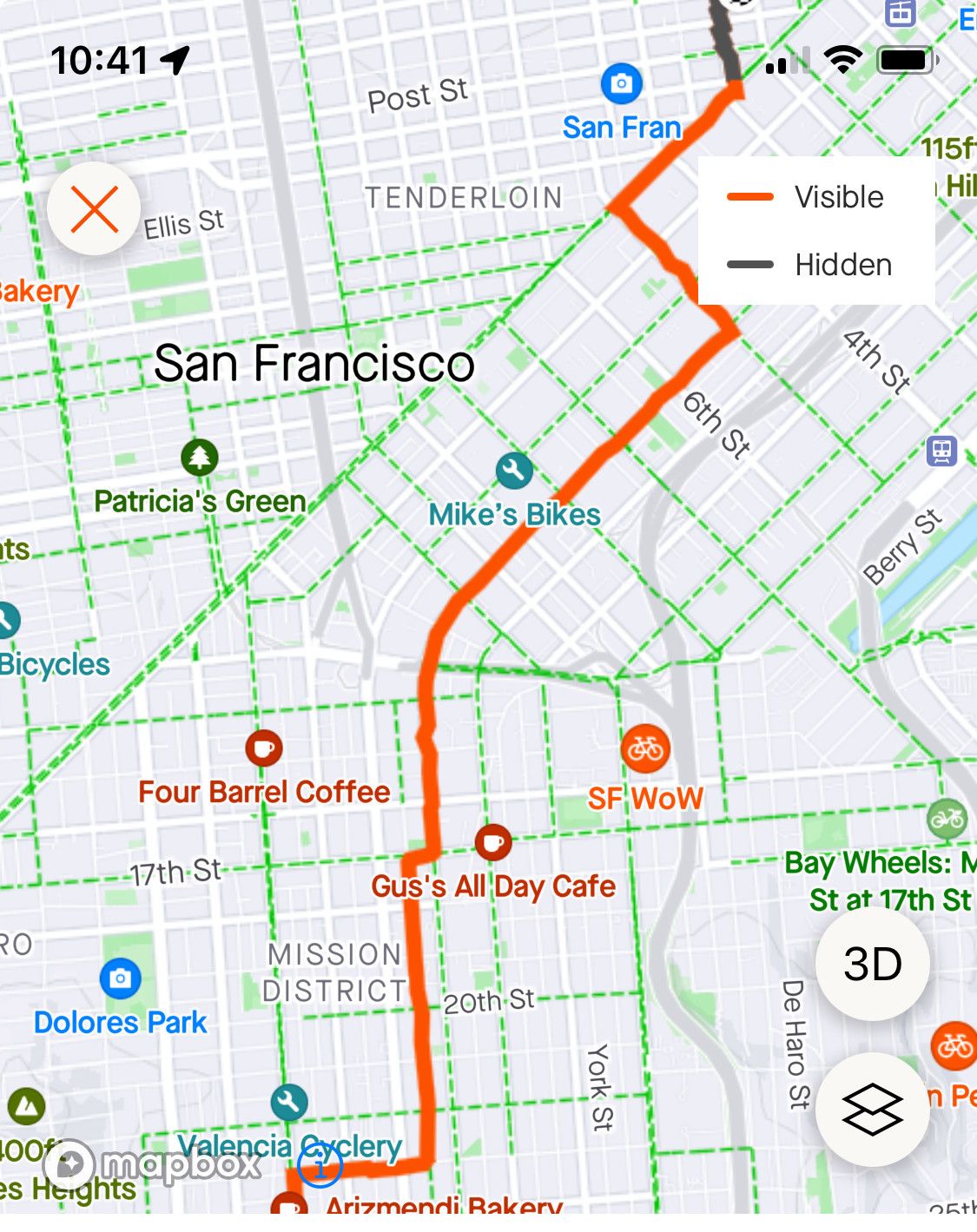 my commute sf bicycle network routeNorth on valenciaEast on 23rdNorth on ShotwellEast on 17thNorth on FolsomNorthwest on 5thNortheast on Marketez-mode hell zone lane split on Kearny