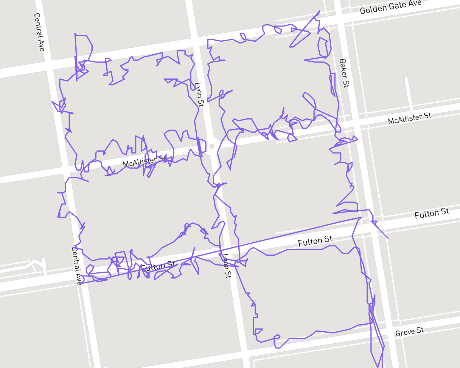 a map of SF’s NoPa neighborhood with a tight four block turf of purple squiggly lines