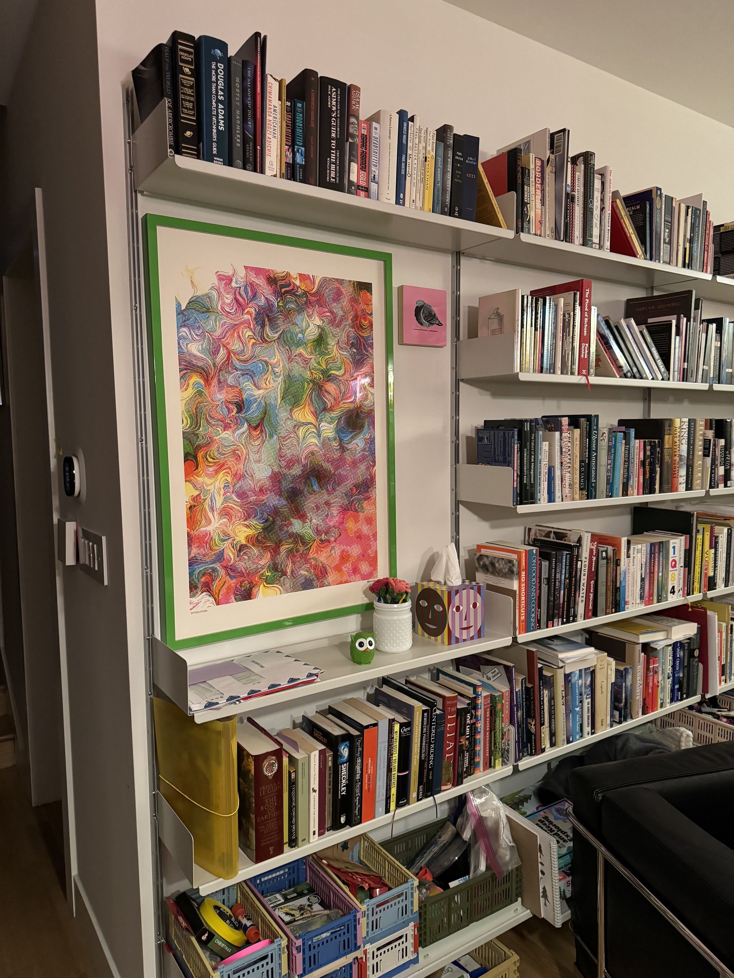 photograph, 24" x 36" watercolor pen plot, impressionistic swirls in pink, yellow, green, purple, in a bright green frame, hung with-in a wall of vitsoe bookshelves full of books