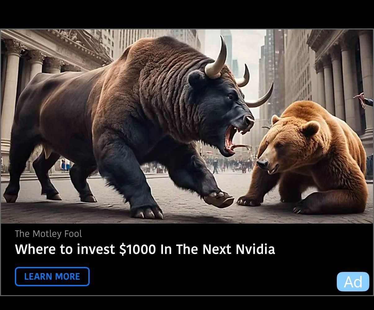 a screenshot of an ad for some financial advice posts or grifts (is there a difference) of a bull with three horns and a bears face and weird feet growling or something with a weird tongue at a bear that is down on one elbow or something, on wall street in new york, I suppose, idk, nonsense neoclassical and NY looking stuff behind it, rendered with photographic realism but obviously AI nonsense