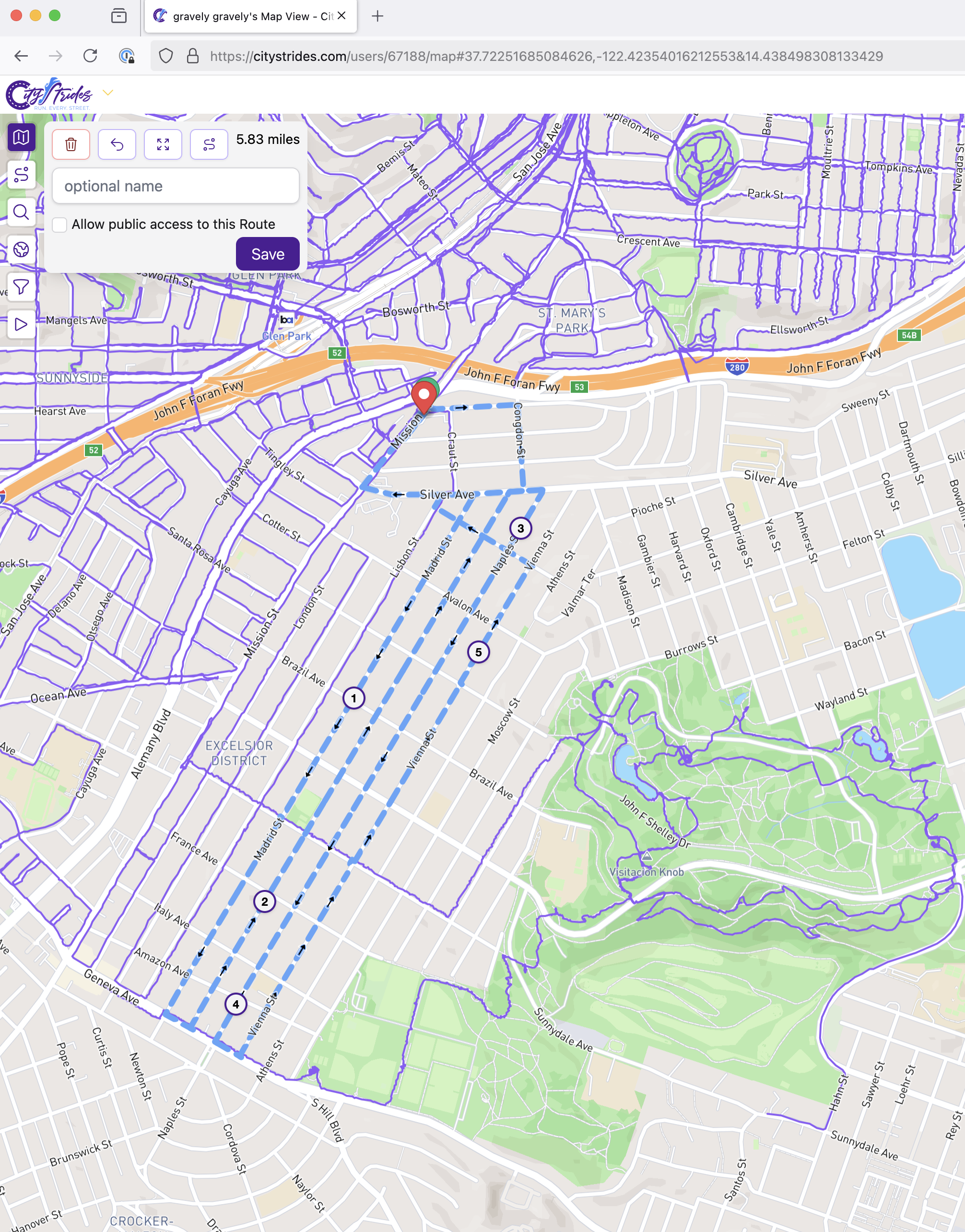 a map of san francisco, ca centering McLaren Park. Holly Park in Bernal Heights is the norther most landmark, and the 280 freeway crosses the map a quarter of the way from the top while the 101 freeway peeks across the top right corner . Every street north of 280 and west of 101 has a purple path over it of a walk I’ve done w/ GPS recording. The paths continue across 101 from Sunnyside and have completed most of the streets between 280 and Alemany. A blue dotted line marks a potential walk I might do this morning through the Excelsior neighborhood after taking a Muni bus south from the Mission where to a stop I’ve used a few times to get to this neighborhood for prior walks. The planned walk is just under 6 miles but I can bail at any time back for a bus home on Mission st.