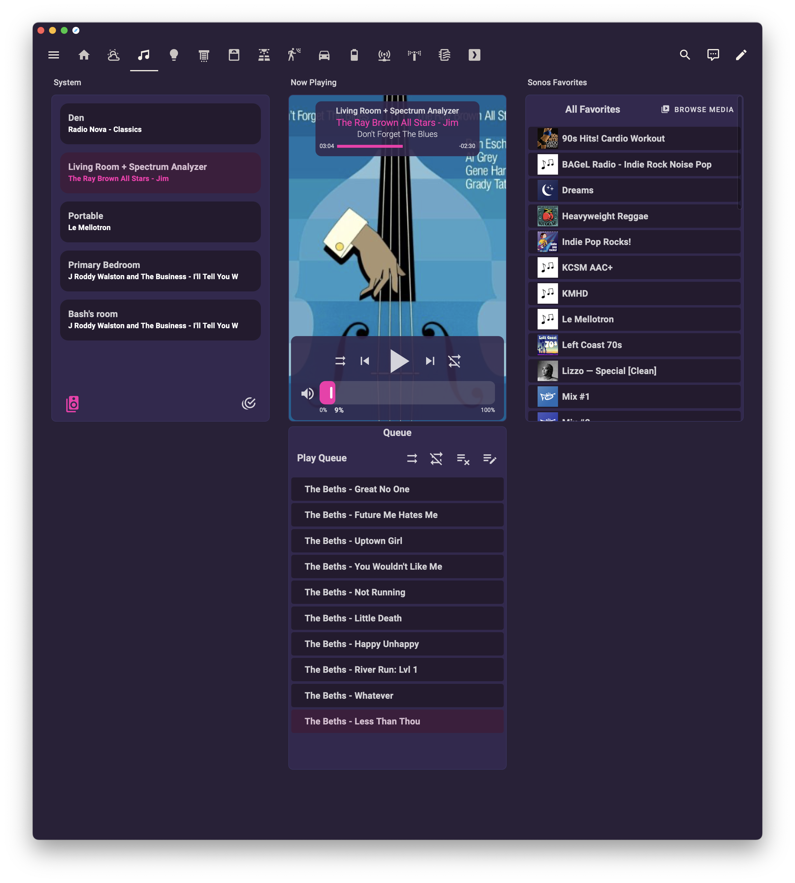 home assistant using the synthwave theme (purple with pink headers and white text), with a music dashboard selected.left column: speaker selection. center: now playing artwork over playlist for the selected speakers. right: media selection showing “browse media” (useless) and Favorites