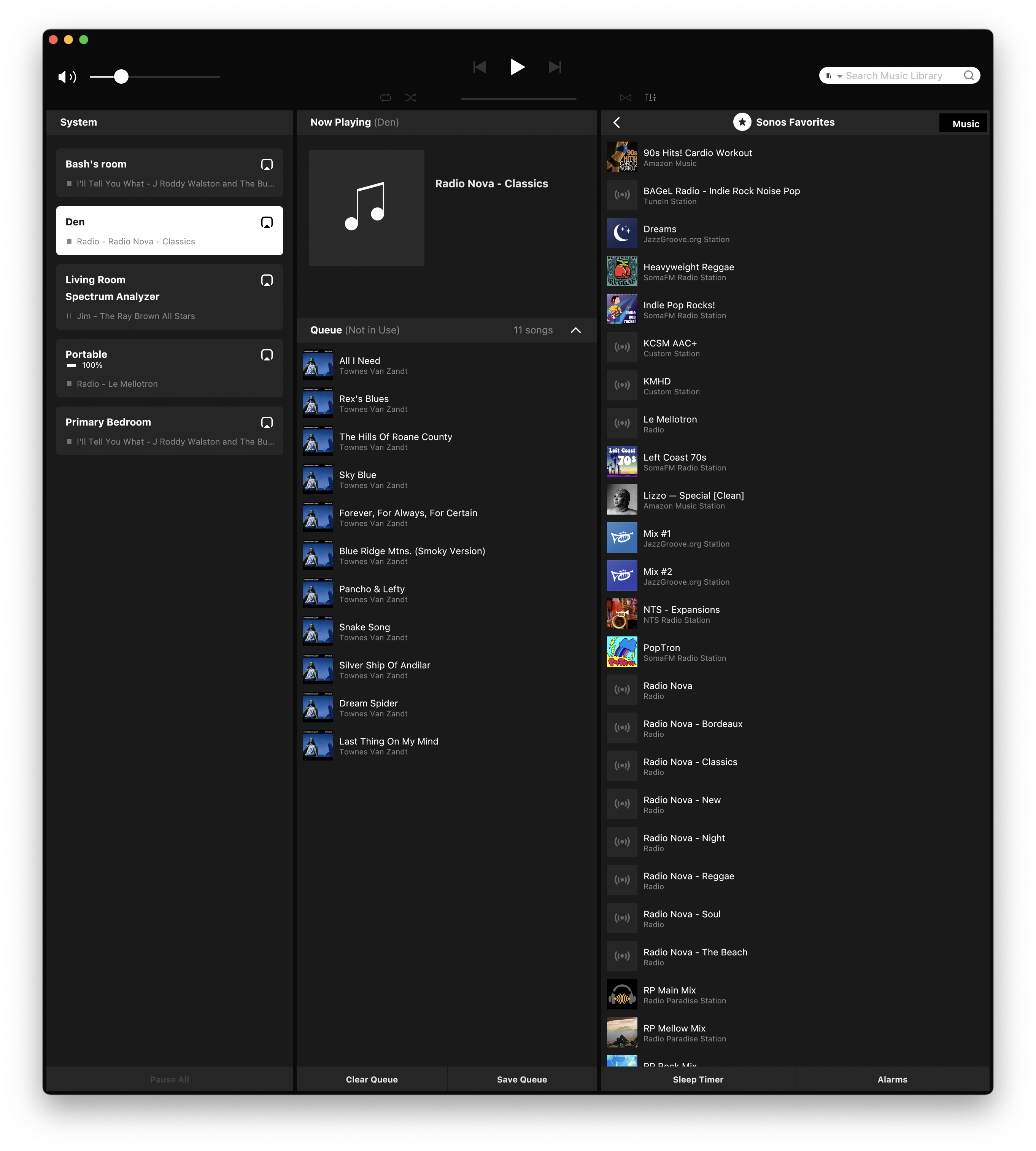 The sonos mac app on my machine this morning. Sonos has used this hokey three column layout for a very long time. Left: speaker selection and grouping. center: now playing artwork over playlist. right: source services, media library, or favorites, currently displaying favorites.
