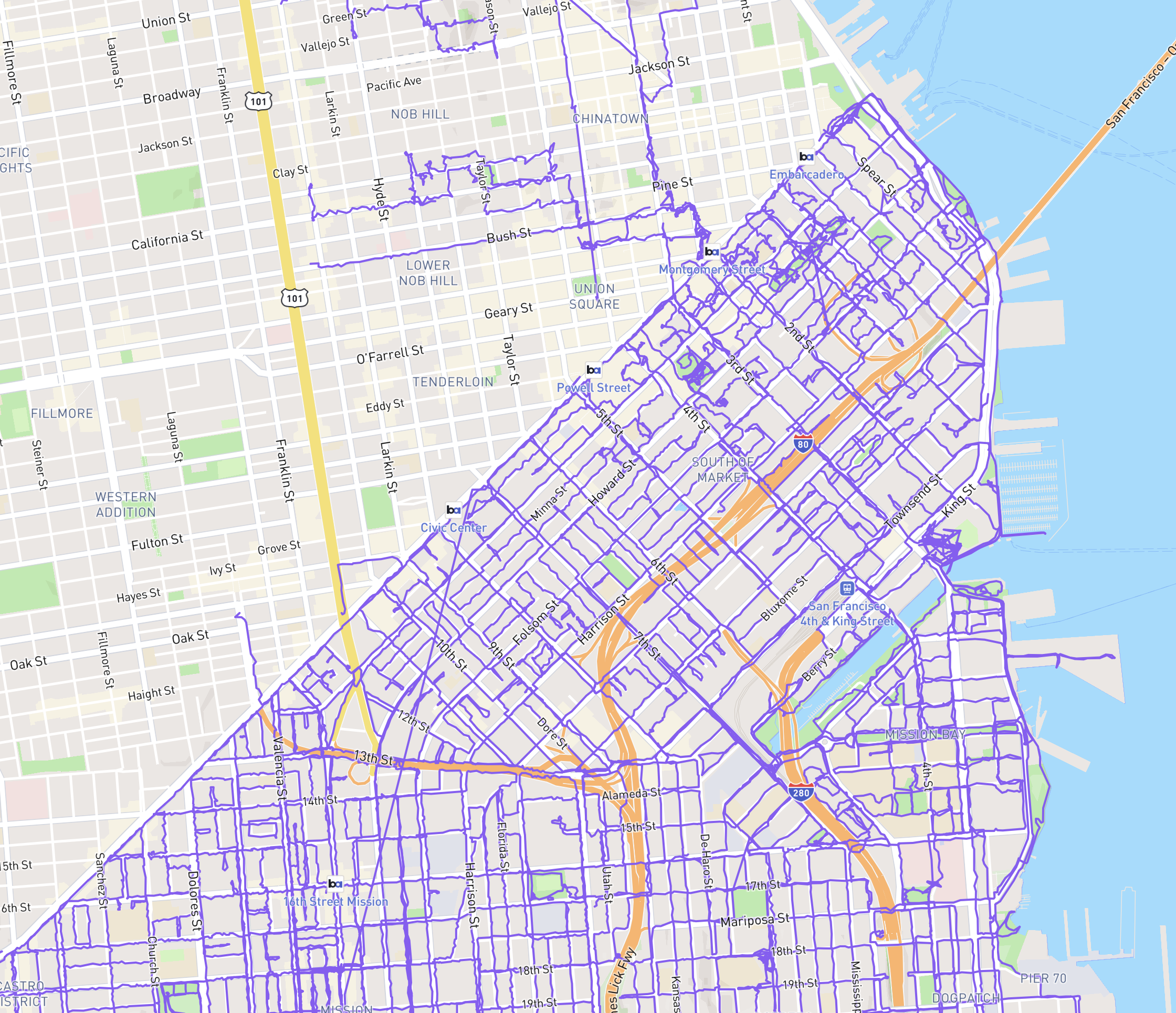 a map of san francisco’s east side with the fefrry building in the top right corner and market at castro in the bottom left corner. Every street and alley south of market (the bottom right half of the map) has a purple line on it indicating that I’ve walked it with GPS on. A few paths are also marke on the other side - from my work to various events and up to coit tower, but not much.